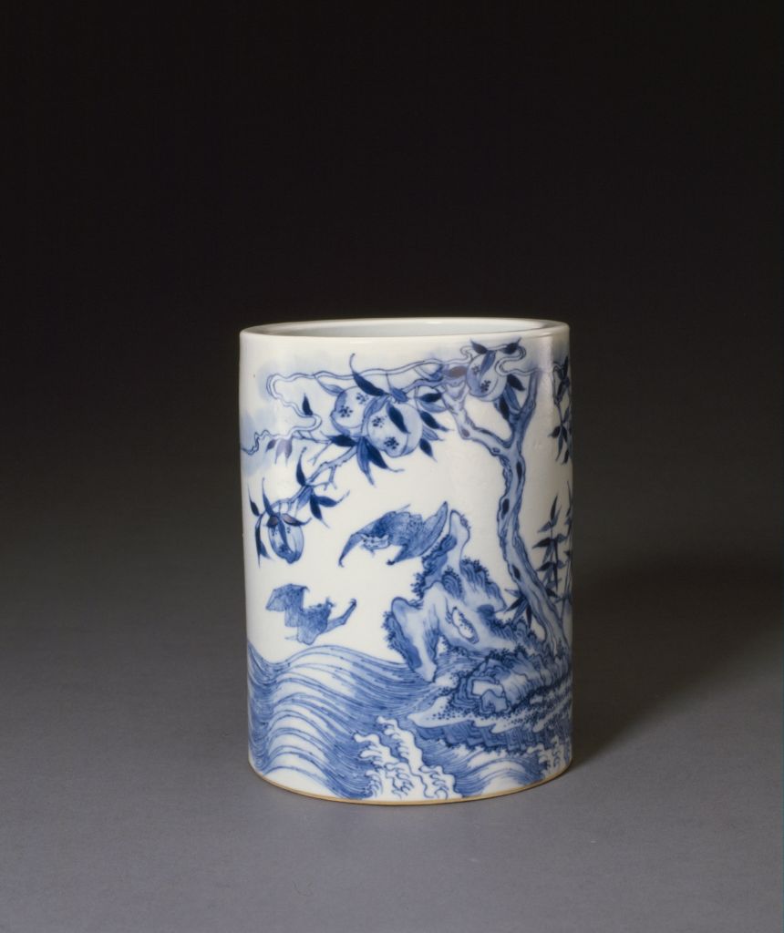 图片[1]-Blue and white flying bat pen holder-China Archive